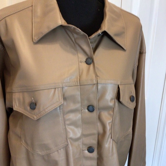 Excuse Womens Tan Faux Leather Lightweight Layering Button Up Jacket Top Large - Picture 6 of 9